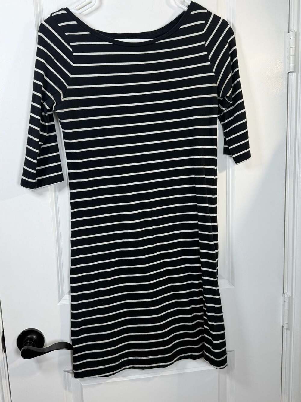 French Connection Black & White Striped 3/4 Sleeve Cotton Dress Size 8 - Picture 3 of 8